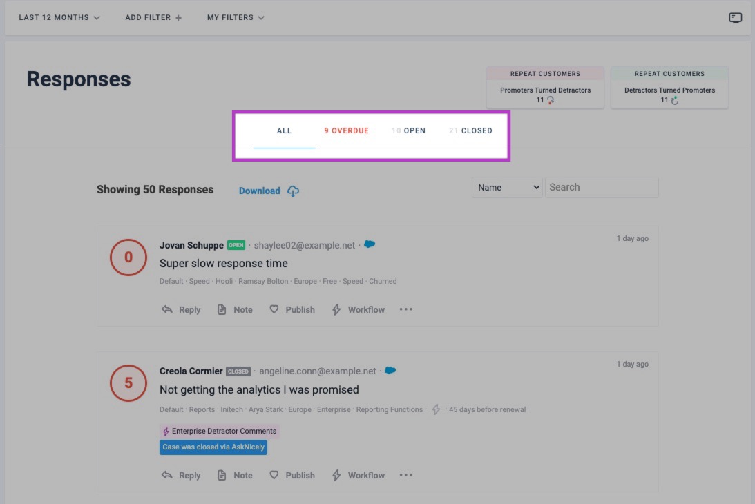 Case Statuses on Responses Page